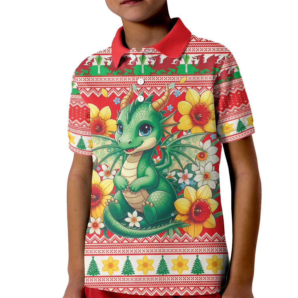 Wales Christmas Kid Polo Shirt Cute Green Welsh Dragon and Daffodils - Wonder Print Shop