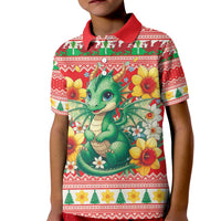 Wales Christmas Kid Polo Shirt Cute Green Welsh Dragon and Daffodils - Wonder Print Shop