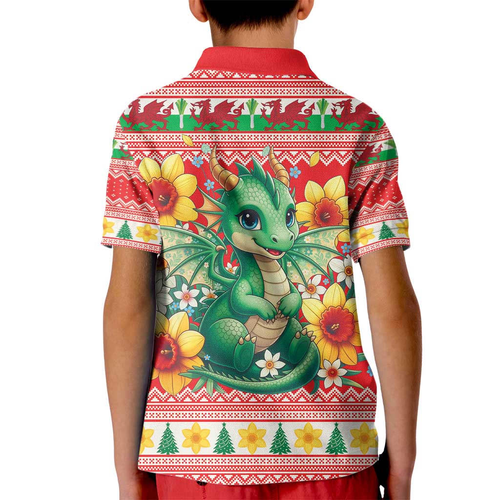 Wales Christmas Kid Polo Shirt Cute Green Welsh Dragon and Daffodils - Wonder Print Shop