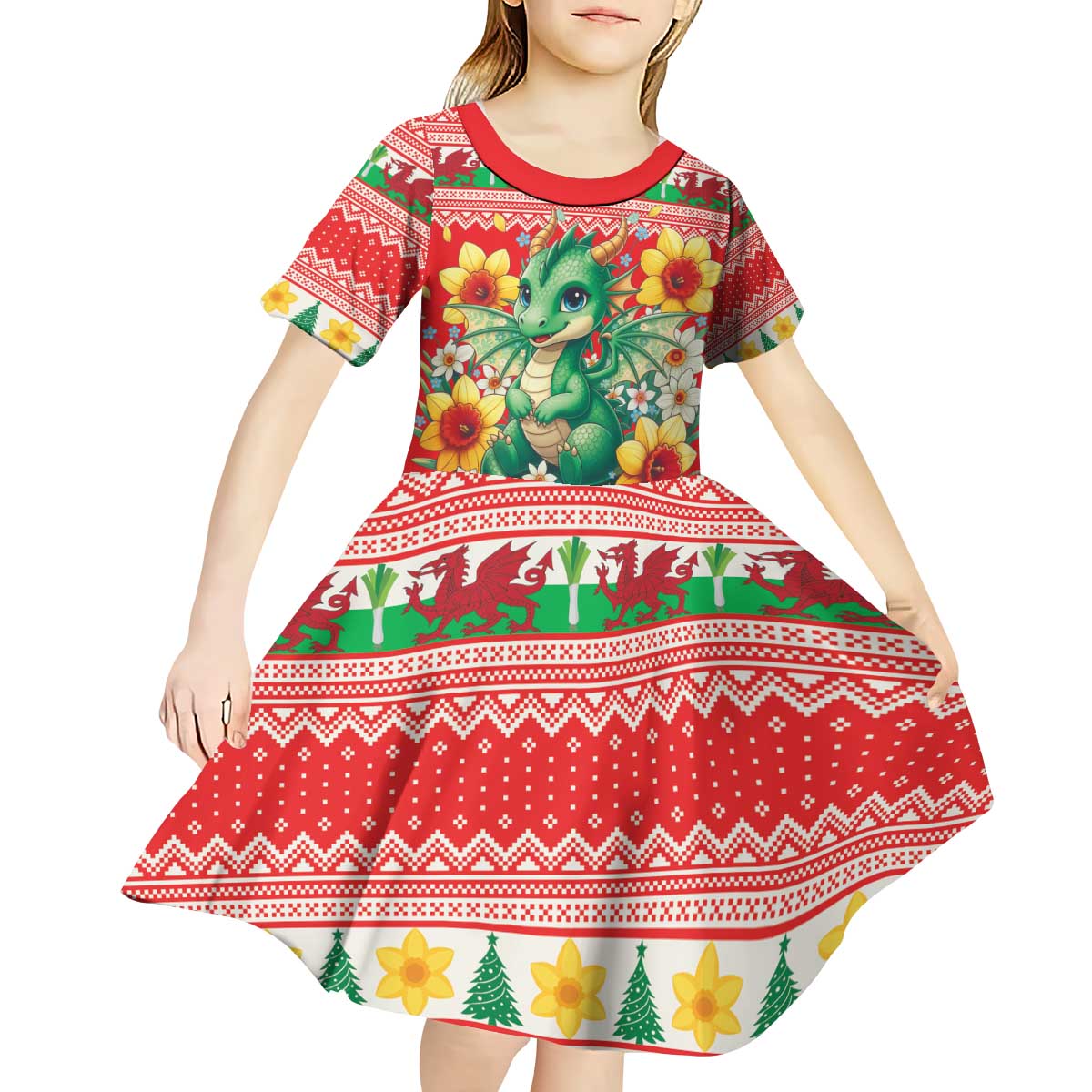 Wales Christmas Kid Short Sleeve Dress Cute Green Welsh Dragon and Daffodils - Wonder Print Shop