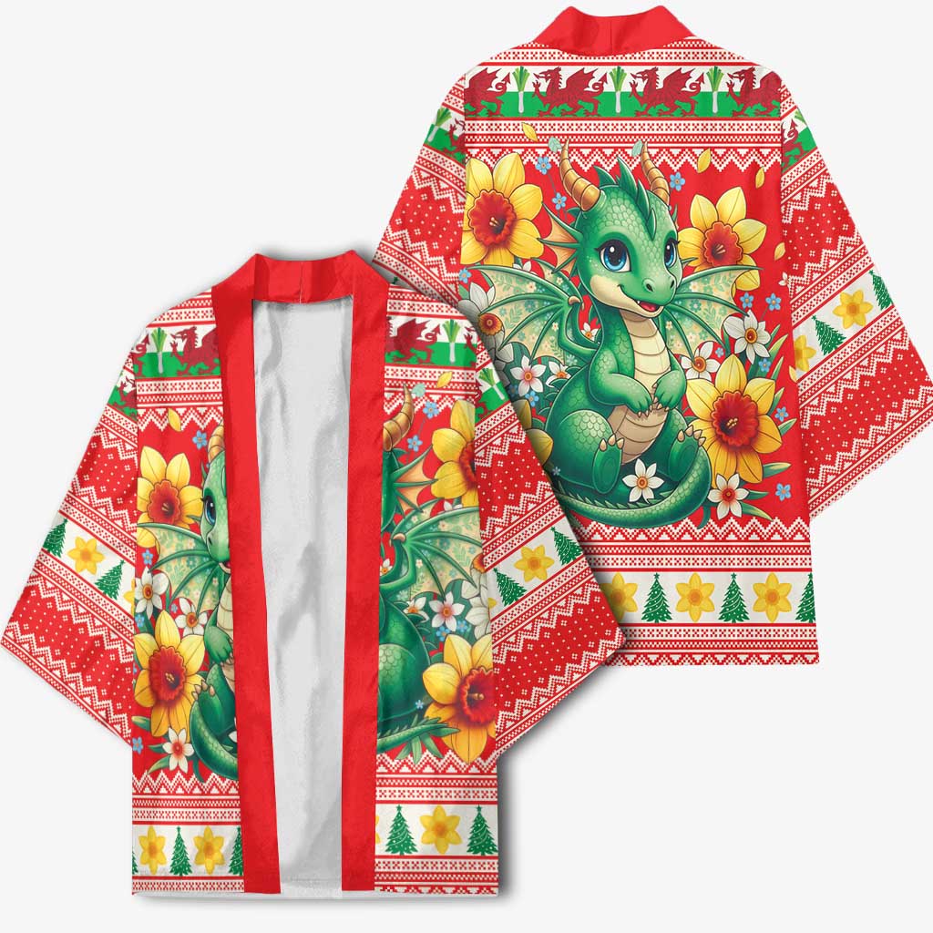 Wales Christmas Kimono Cute Green Welsh Dragon and Daffodils - Wonder Print Shop