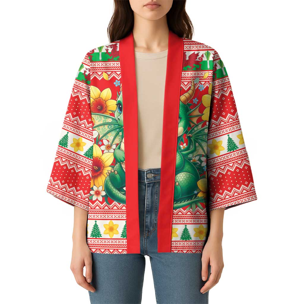 Wales Christmas Kimono Cute Green Welsh Dragon and Daffodils - Wonder Print Shop