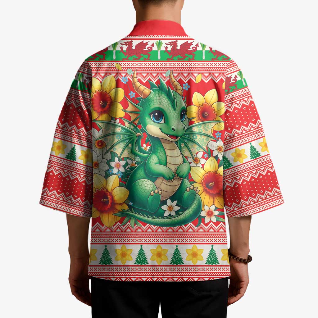 Wales Christmas Kimono Cute Green Welsh Dragon and Daffodils - Wonder Print Shop