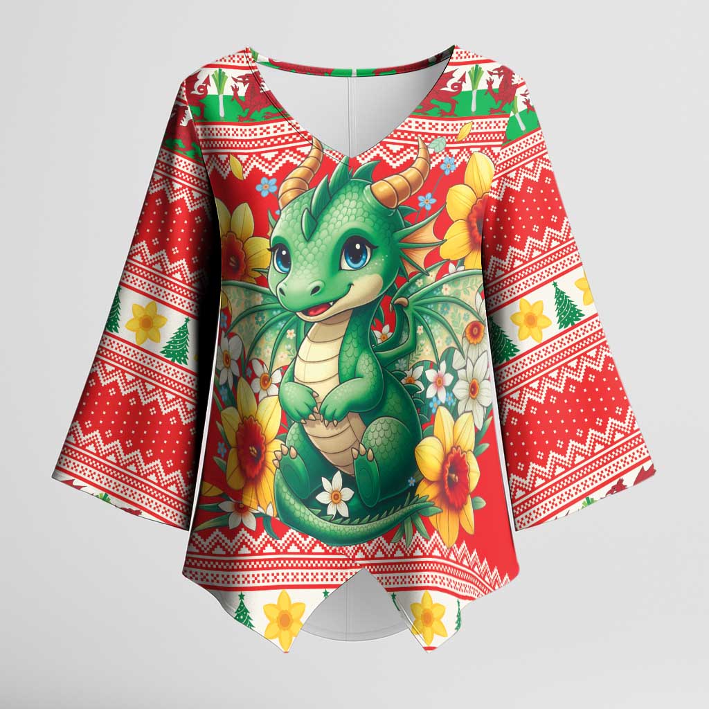 Wales Christmas Kimono Sleeve Blouse Cute Green Welsh Dragon and Daffodils - Wonder Print Shop