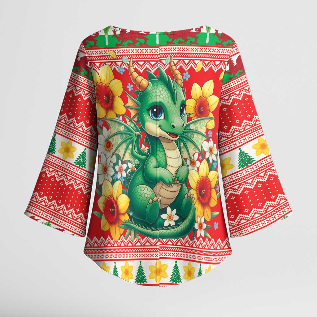 Wales Christmas Kimono Sleeve Blouse Cute Green Welsh Dragon and Daffodils - Wonder Print Shop