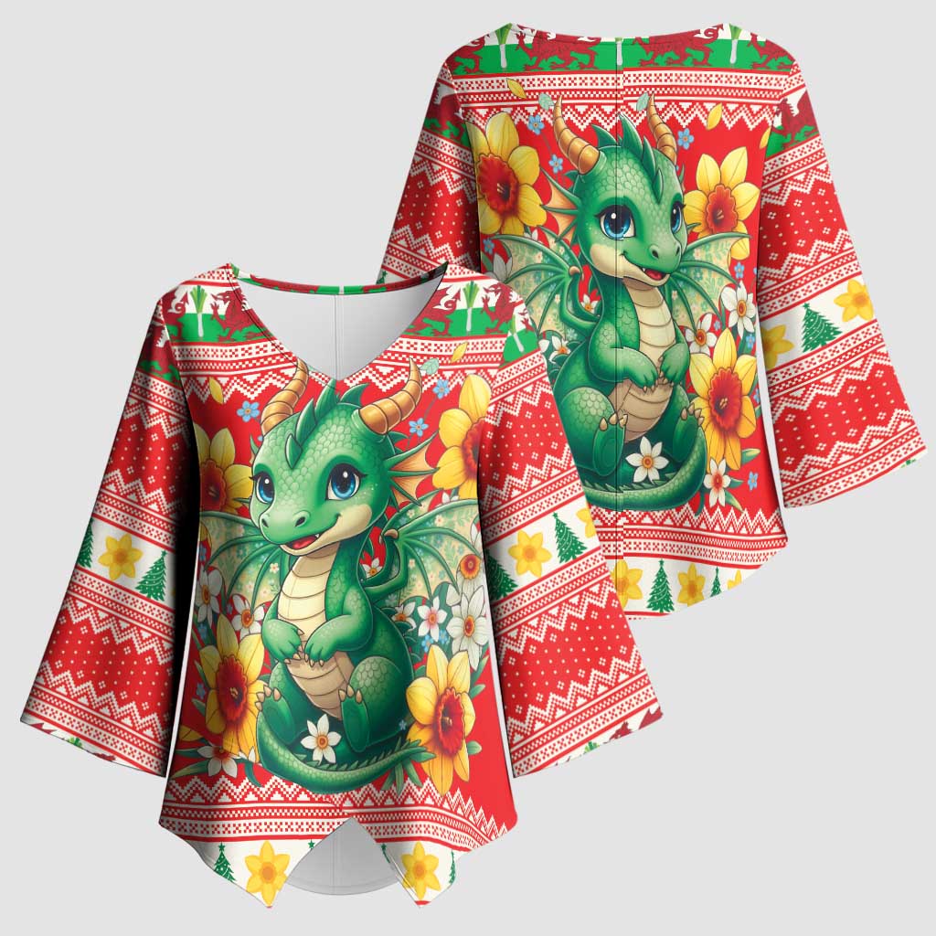 Wales Christmas Kimono Sleeve Blouse Cute Green Welsh Dragon and Daffodils - Wonder Print Shop