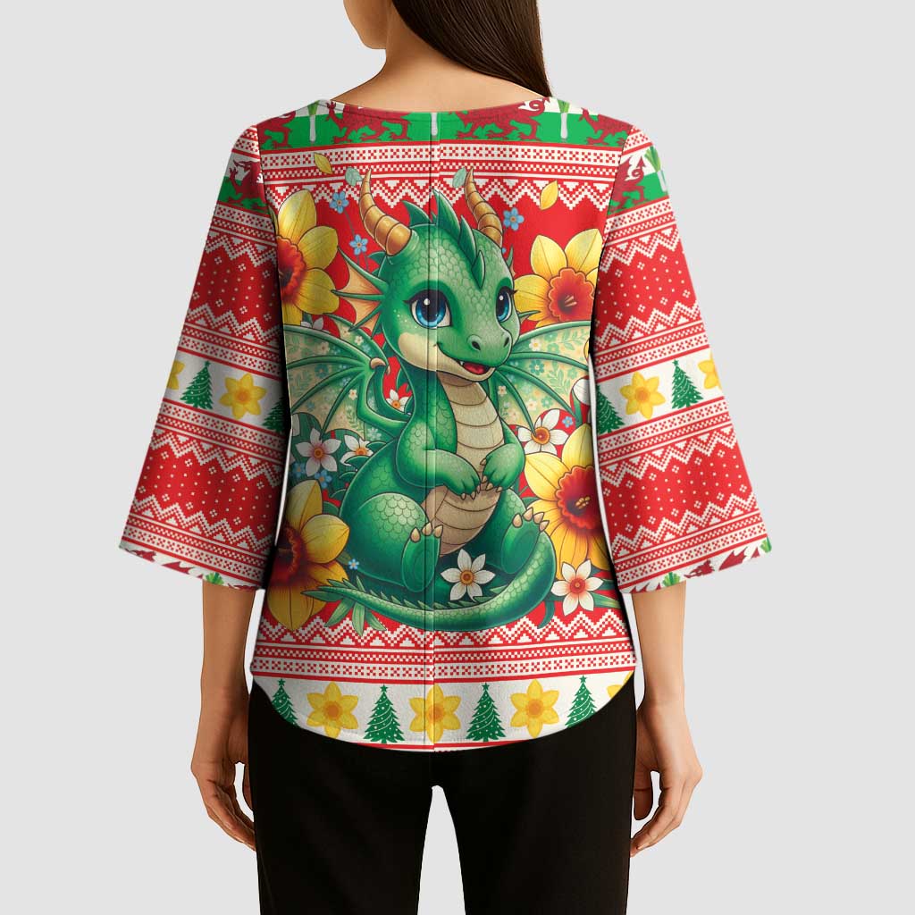 Wales Christmas Kimono Sleeve Blouse Cute Green Welsh Dragon and Daffodils - Wonder Print Shop