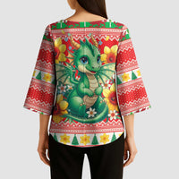 Wales Christmas Kimono Sleeve Blouse Cute Green Welsh Dragon and Daffodils - Wonder Print Shop