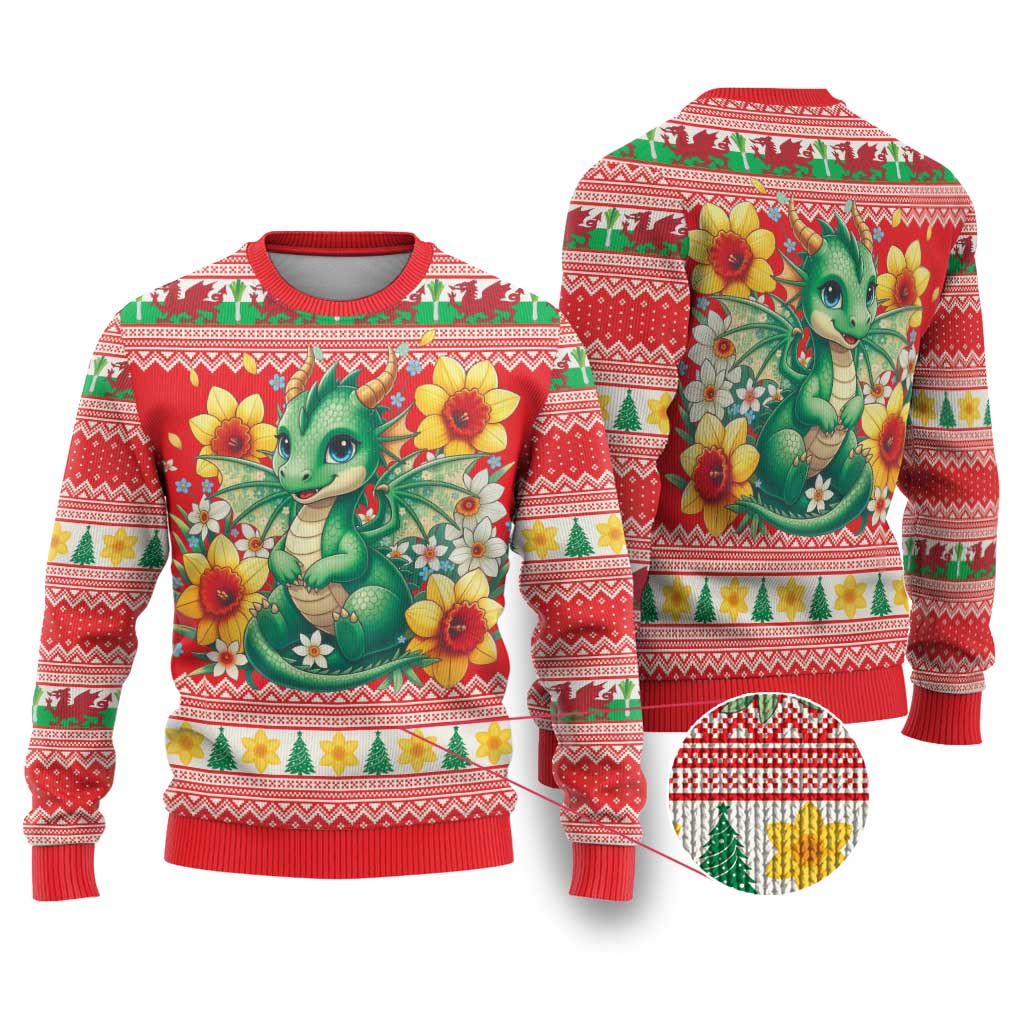 Wales Christmas Ugly Christmas Sweater Cute Green Welsh Dragon and Daffodils - Wonder Print Shop