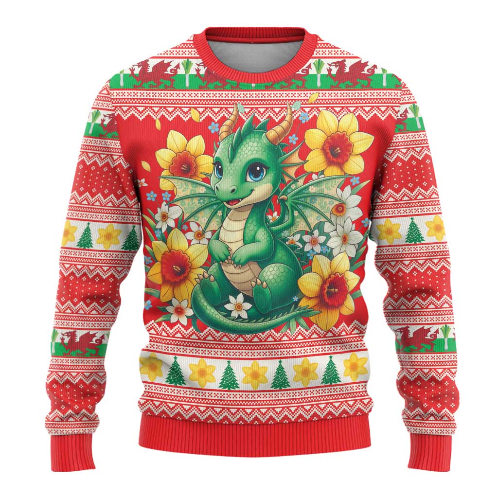 Wales Christmas Ugly Christmas Sweater Cute Green Welsh Dragon and Daffodils - Wonder Print Shop