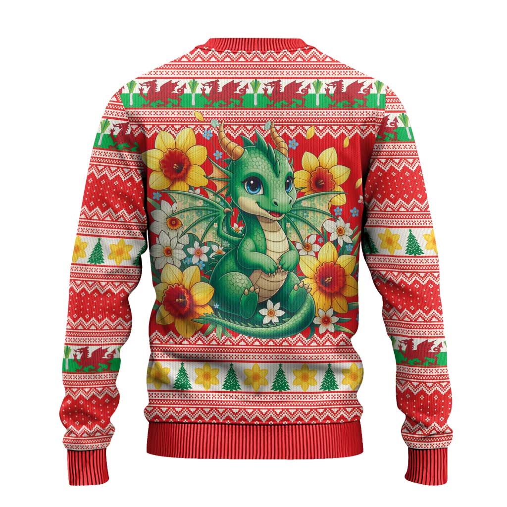 Wales Christmas Ugly Christmas Sweater Cute Green Welsh Dragon and Daffodils - Wonder Print Shop