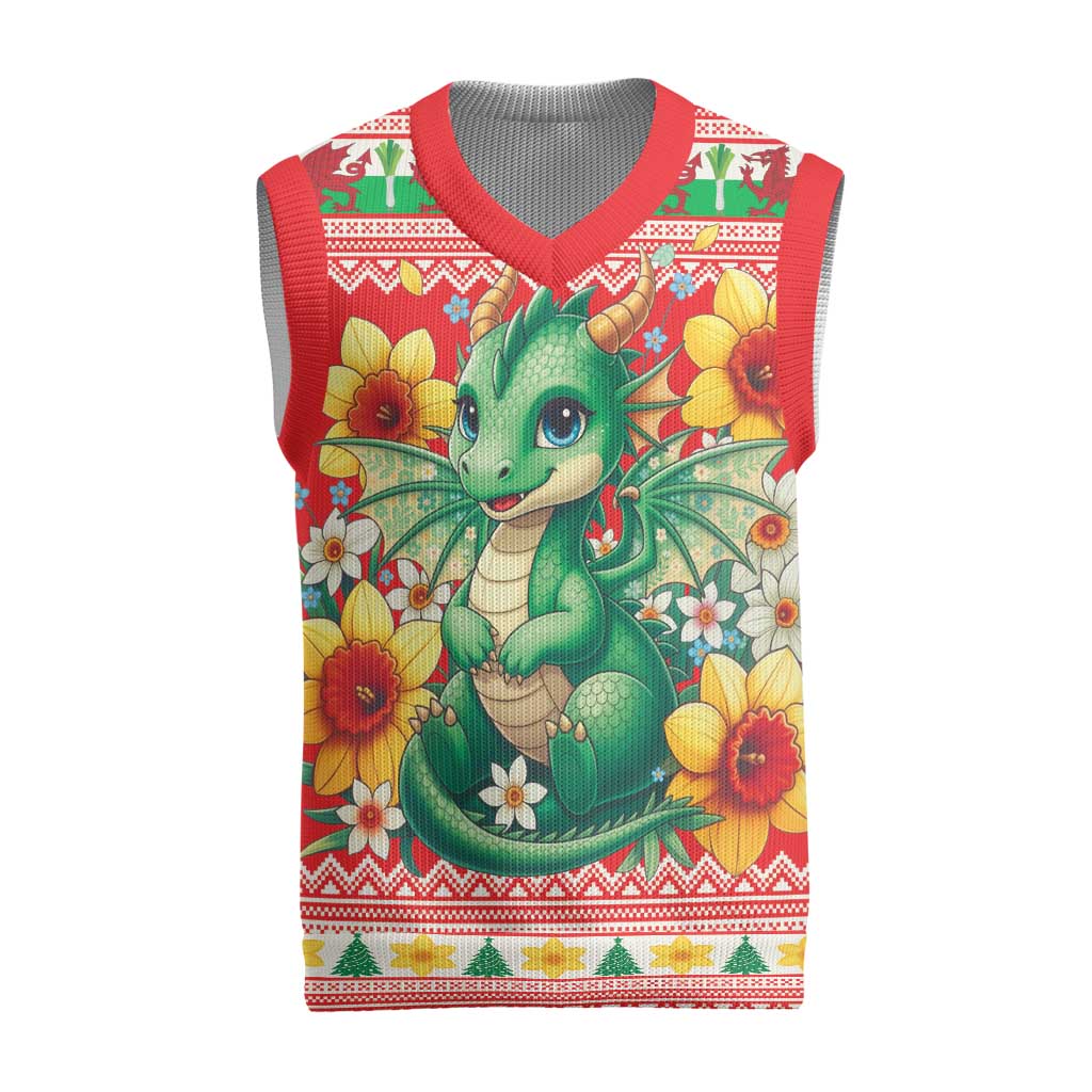 Wales Christmas Knitted V-Neck Vest Cute Green Welsh Dragon and Daffodils - Wonder Print Shop