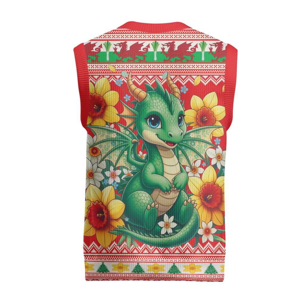 Wales Christmas Knitted V-Neck Vest Cute Green Welsh Dragon and Daffodils - Wonder Print Shop