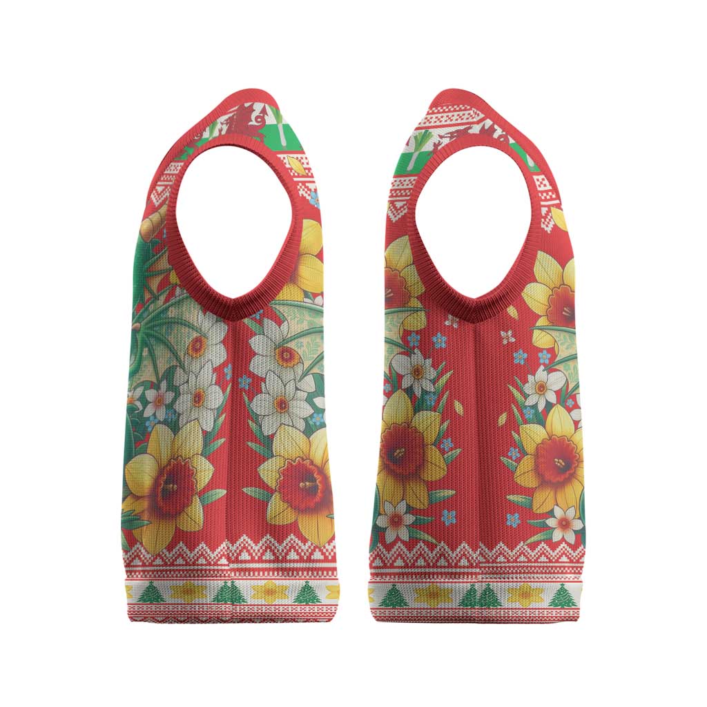Wales Christmas Knitted V-Neck Vest Cute Green Welsh Dragon and Daffodils - Wonder Print Shop