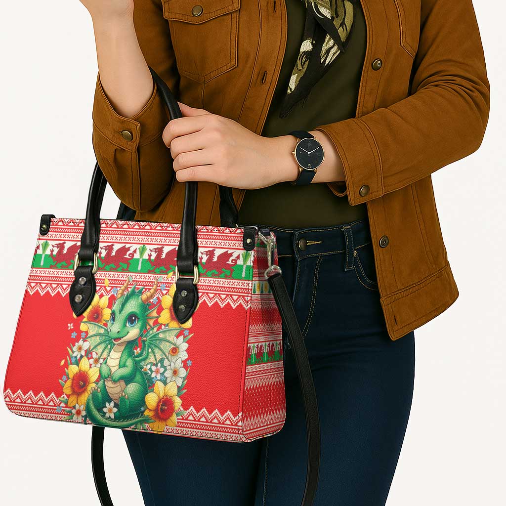 Wales Christmas Leather Bag Cute Green Welsh Dragon and Daffodils - Wonder Print Shop