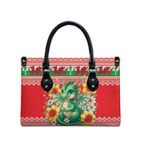 Wales Christmas Leather Bag Cute Green Welsh Dragon and Daffodils - Wonder Print Shop