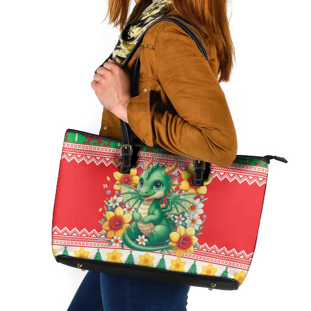 Wales Christmas Leather Tote Bag Cute Green Welsh Dragon and Daffodils - Wonder Print Shop