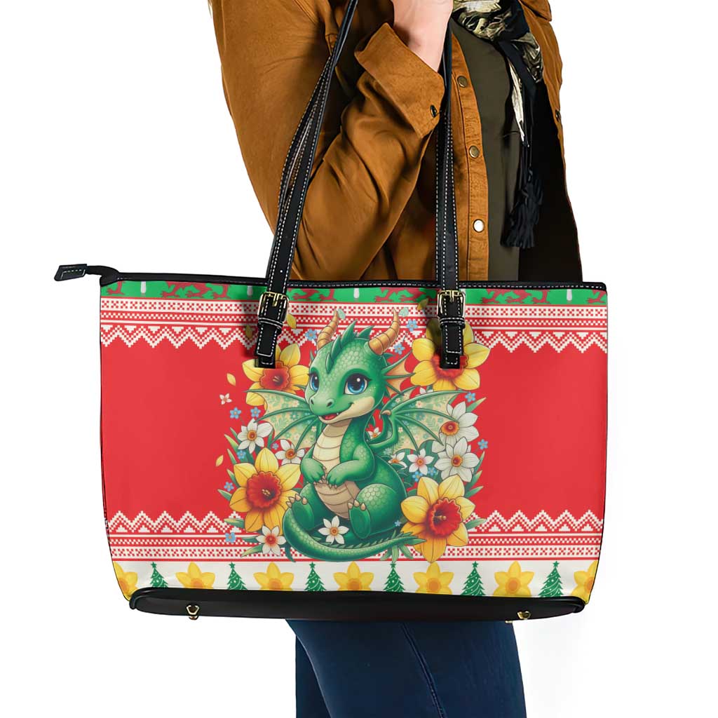 Wales Christmas Leather Tote Bag Cute Green Welsh Dragon and Daffodils - Wonder Print Shop