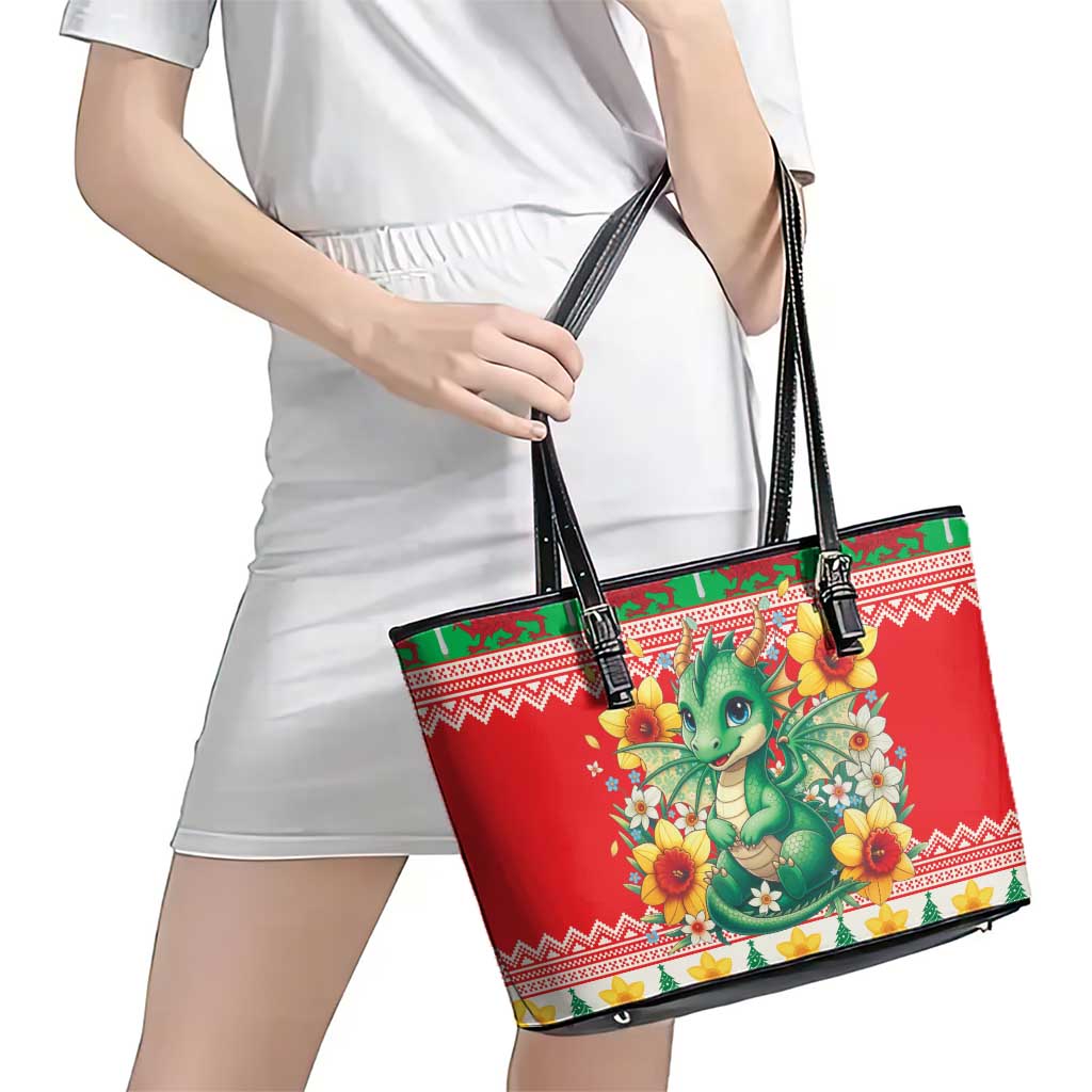 Wales Christmas Leather Tote Bag Cute Green Welsh Dragon and Daffodils - Wonder Print Shop