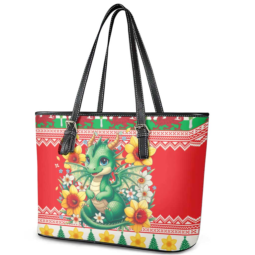 Wales Christmas Leather Tote Bag Cute Green Welsh Dragon and Daffodils - Wonder Print Shop