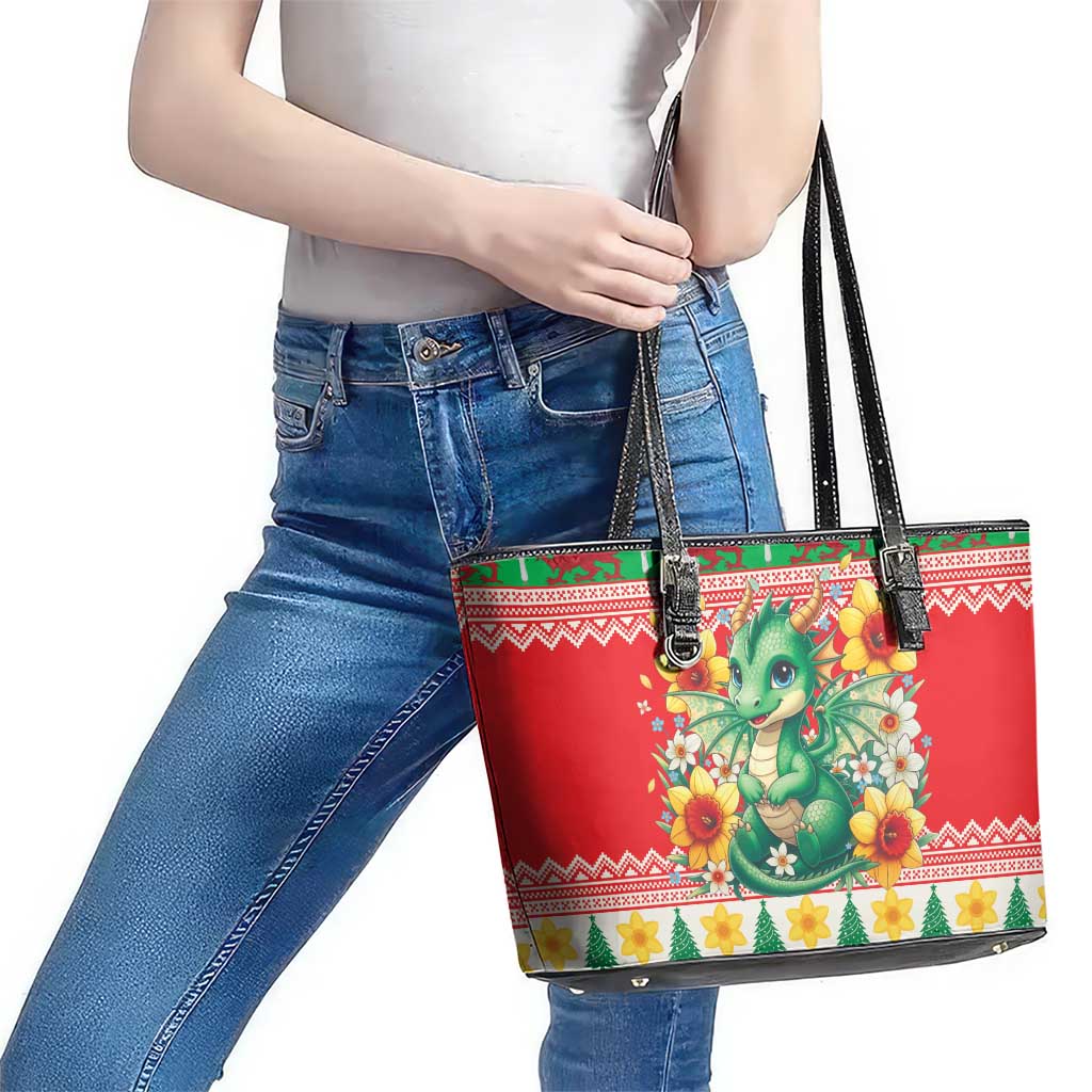 Wales Christmas Leather Tote Bag Cute Green Welsh Dragon and Daffodils - Wonder Print Shop