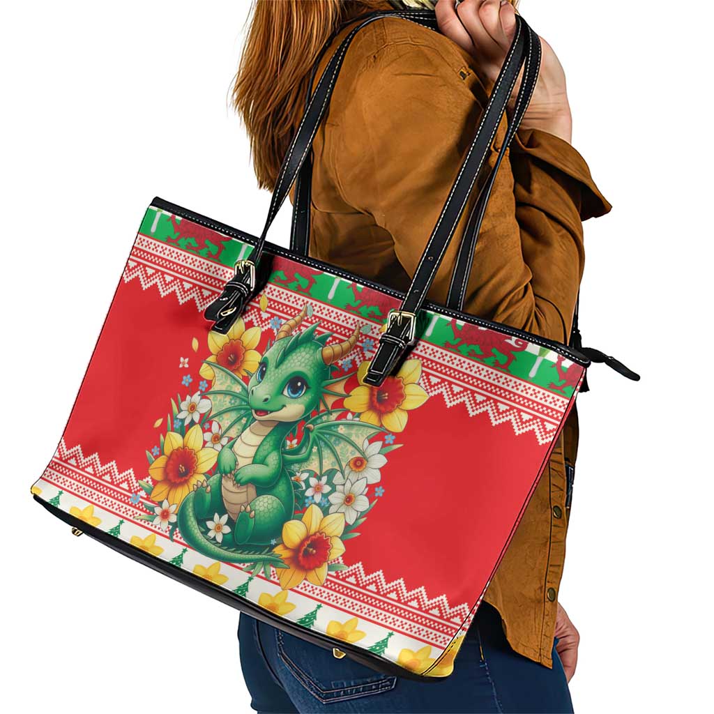 Wales Christmas Leather Tote Bag Cute Green Welsh Dragon and Daffodils - Wonder Print Shop