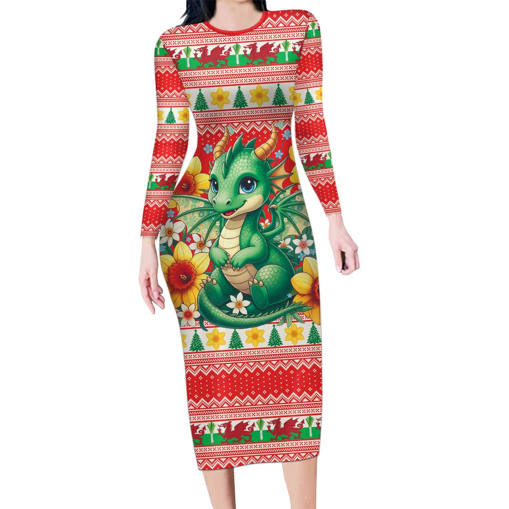 Wales Christmas Long Sleeve Bodycon Dress Cute Green Welsh Dragon and Daffodils - Wonder Print Shop