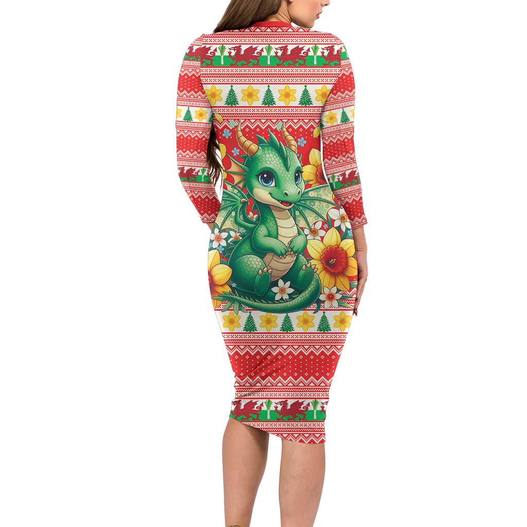 Wales Christmas Long Sleeve Bodycon Dress Cute Green Welsh Dragon and Daffodils - Wonder Print Shop