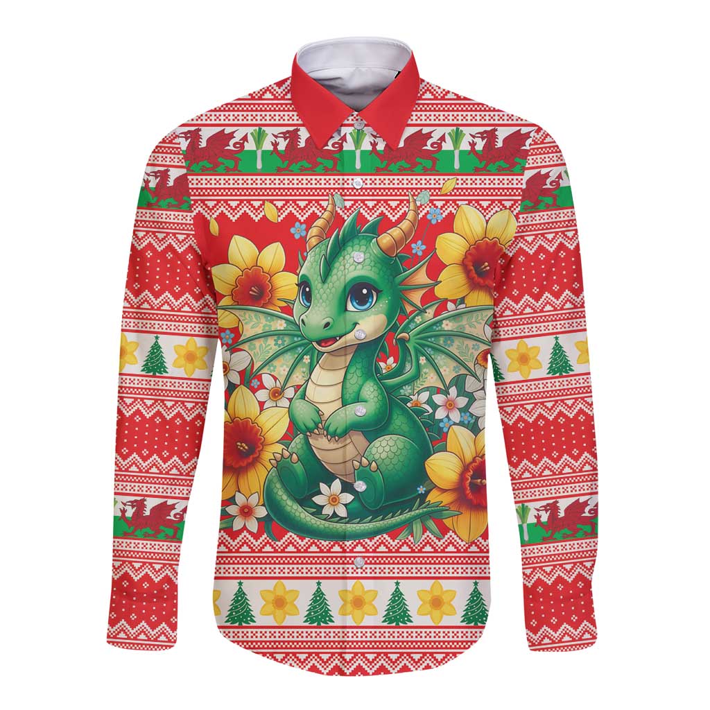 Wales Christmas Long Sleeve Button Shirt Cute Green Welsh Dragon and Daffodils - Wonder Print Shop