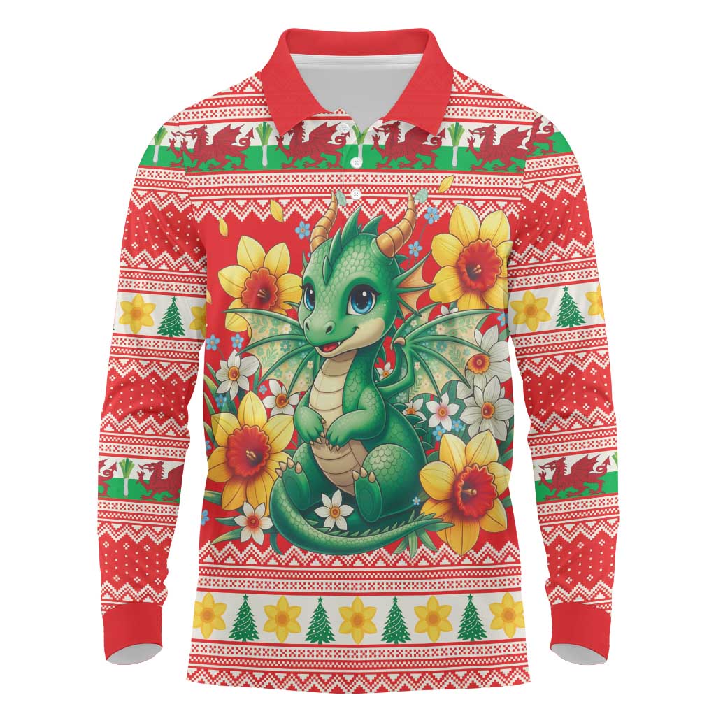 Wales Christmas Long Sleeve Polo Shirt Cute Green Welsh Dragon and Daffodils - Wonder Print Shop