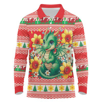 Wales Christmas Long Sleeve Polo Shirt Cute Green Welsh Dragon and Daffodils - Wonder Print Shop
