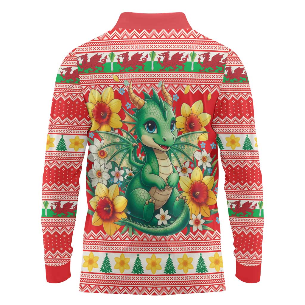 Wales Christmas Long Sleeve Polo Shirt Cute Green Welsh Dragon and Daffodils - Wonder Print Shop
