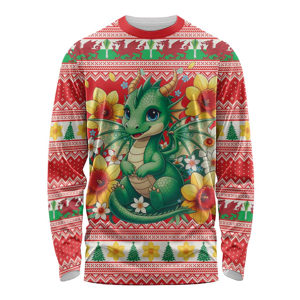Wales Christmas Long Sleeve Shirt Cute Green Welsh Dragon and Daffodils - Wonder Print Shop