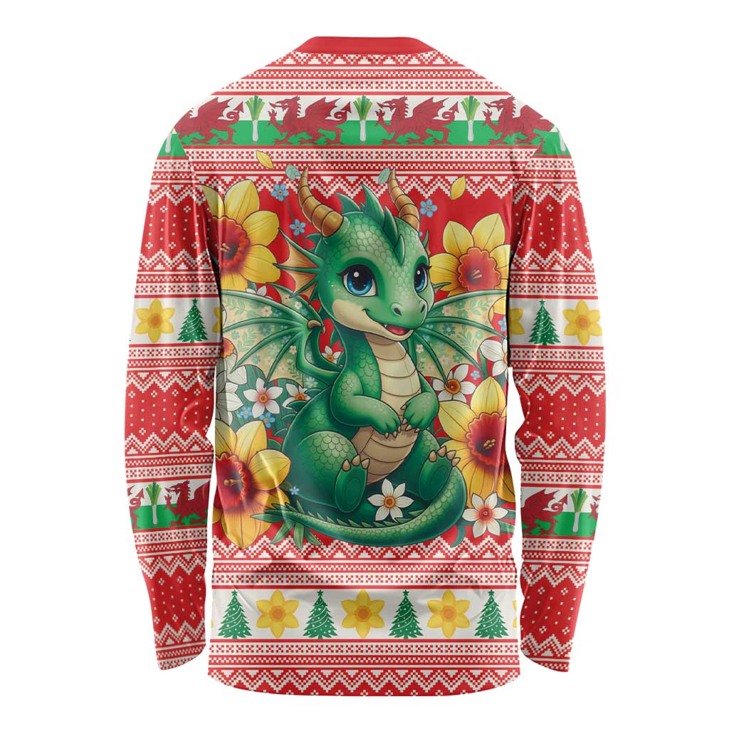 Wales Christmas Long Sleeve Shirt Cute Green Welsh Dragon and Daffodils - Wonder Print Shop