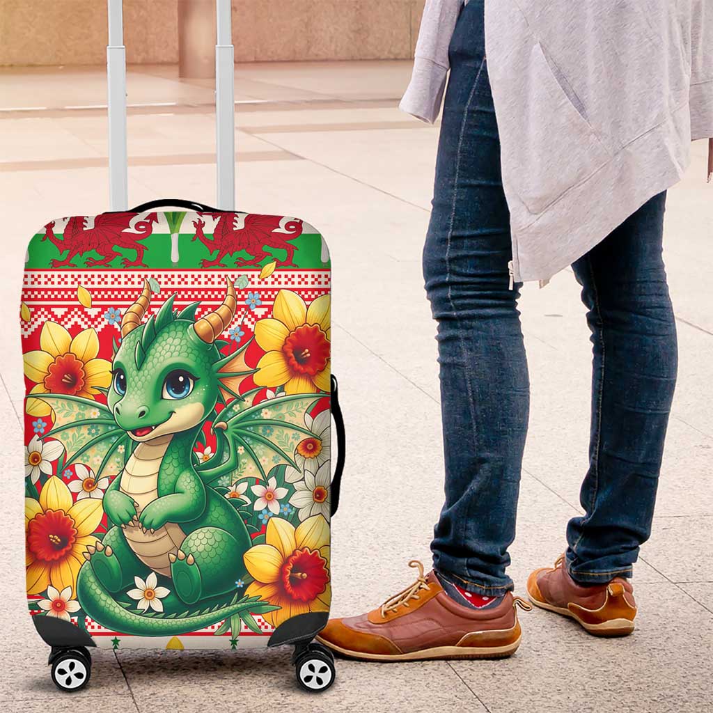 Wales Christmas Luggage Cover Cute Green Welsh Dragon and Daffodils - Wonder Print Shop