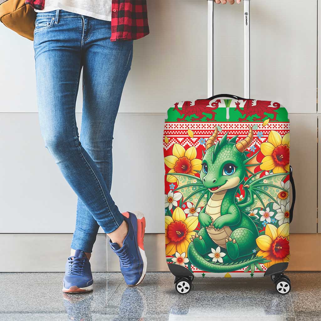 Wales Christmas Luggage Cover Cute Green Welsh Dragon and Daffodils - Wonder Print Shop