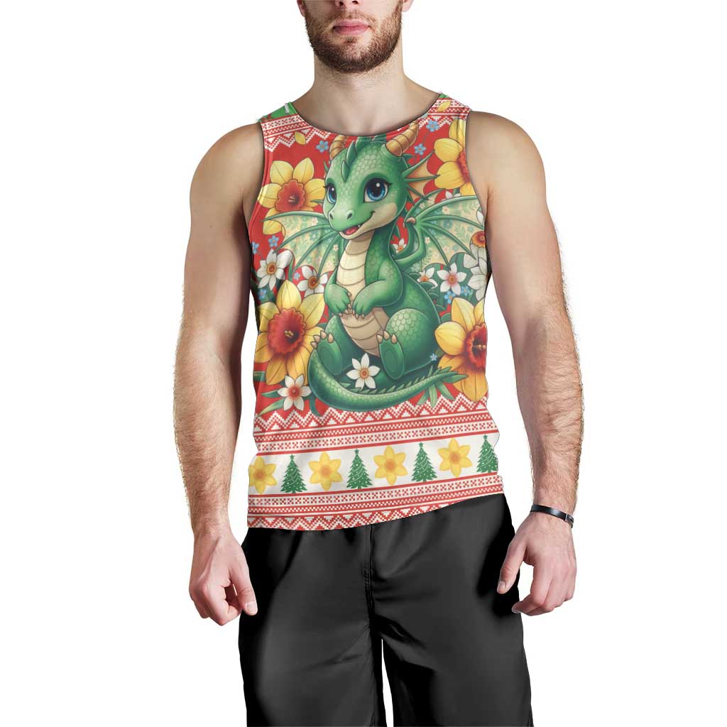 Wales Christmas Men Tank Top Cute Green Welsh Dragon and Daffodils - Wonder Print Shop