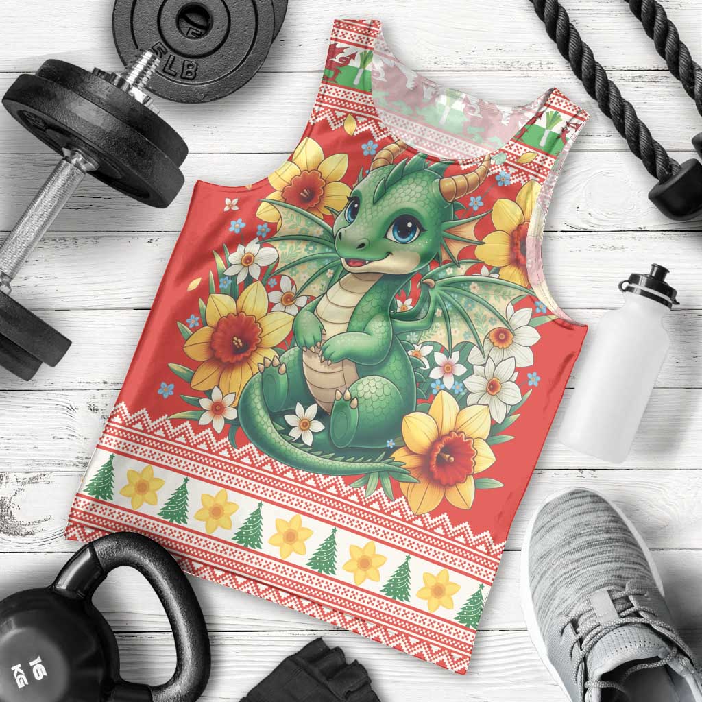 Wales Christmas Men Tank Top Cute Green Welsh Dragon and Daffodils - Wonder Print Shop