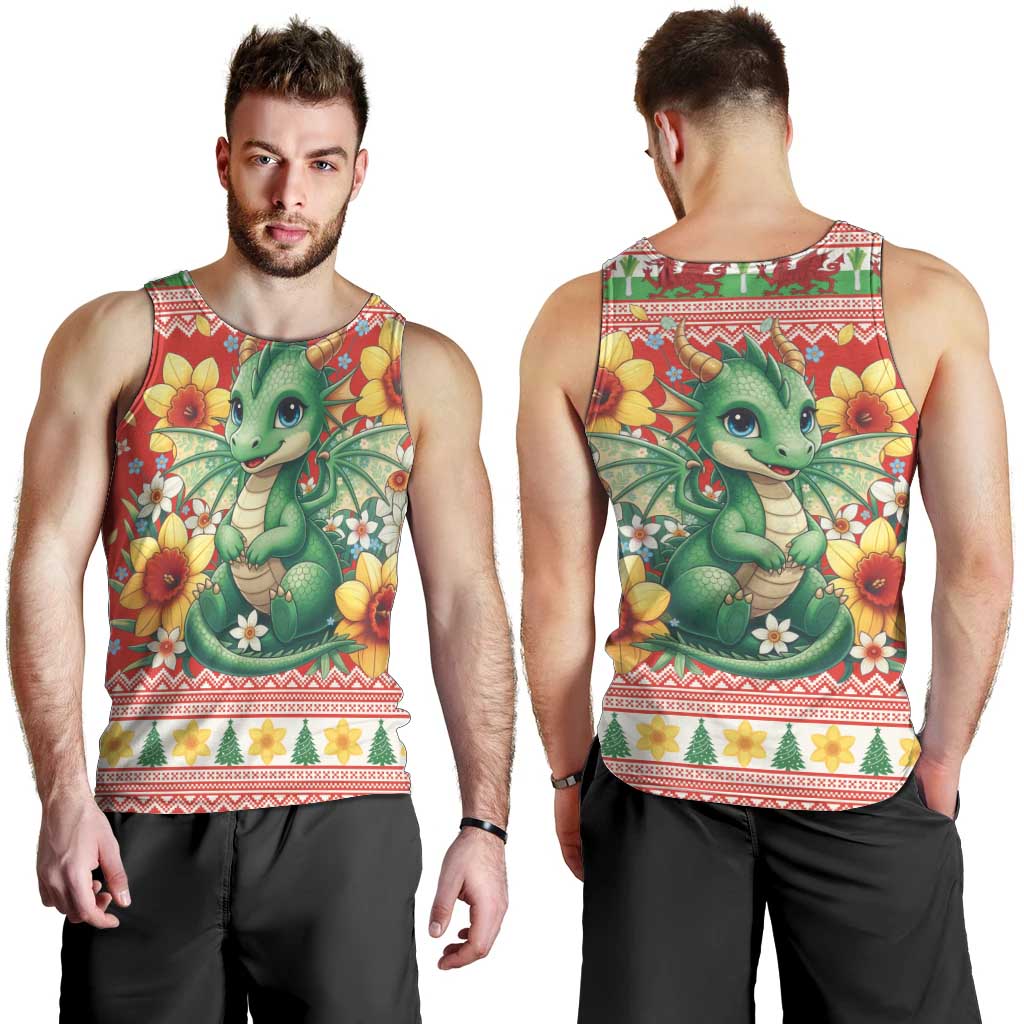 Wales Christmas Men Tank Top Cute Green Welsh Dragon and Daffodils - Wonder Print Shop