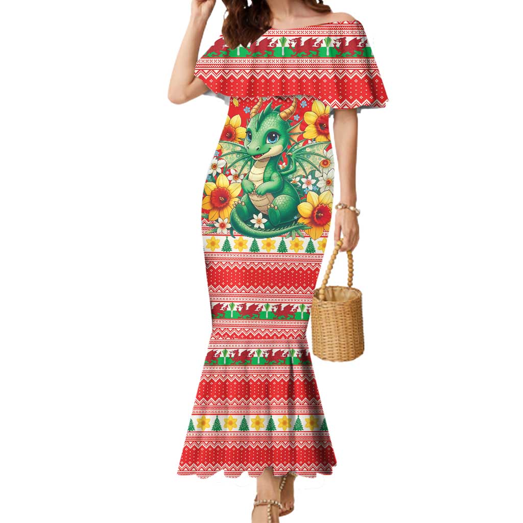 Wales Christmas Mermaid Dress Cute Green Welsh Dragon and Daffodils - Wonder Print Shop