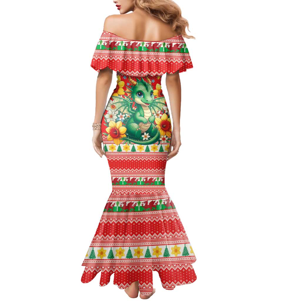 Wales Christmas Mermaid Dress Cute Green Welsh Dragon and Daffodils - Wonder Print Shop