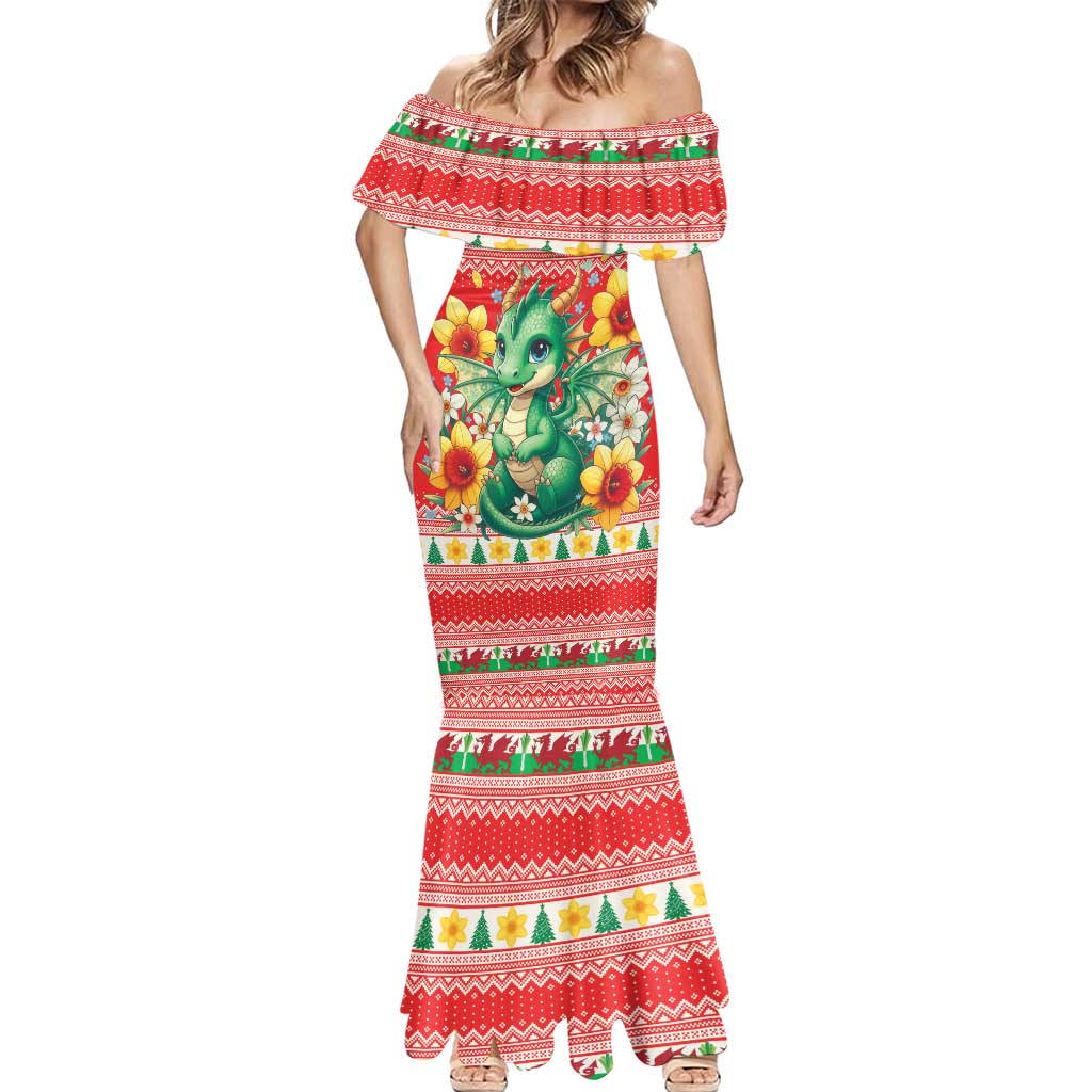 Wales Christmas Mermaid Dress Cute Green Welsh Dragon and Daffodils - Wonder Print Shop