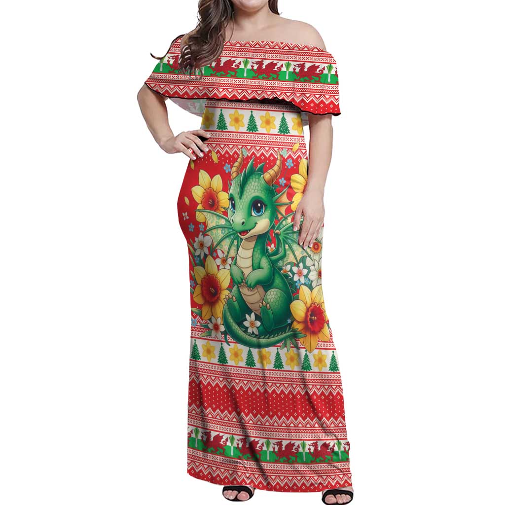 Wales Christmas Off Shoulder Maxi Dress Cute Green Welsh Dragon and Daffodils - Wonder Print Shop