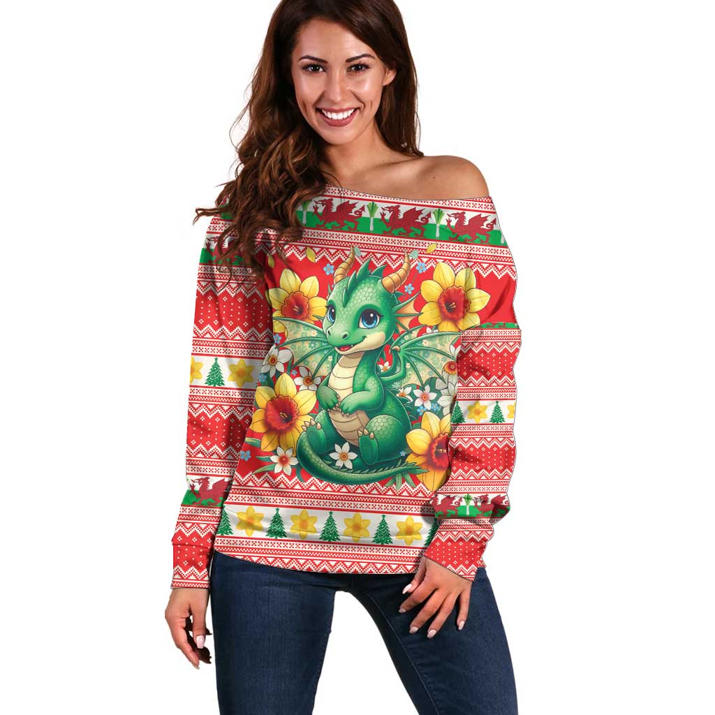 Wales Christmas Off Shoulder Sweater Cute Green Welsh Dragon and Daffodils - Wonder Print Shop