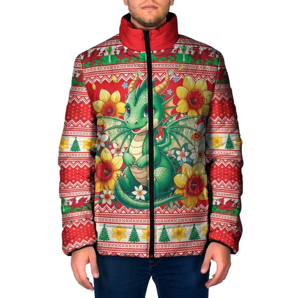 Wales Christmas Padded Jacket Cute Green Welsh Dragon and Daffodils - Wonder Print Shop