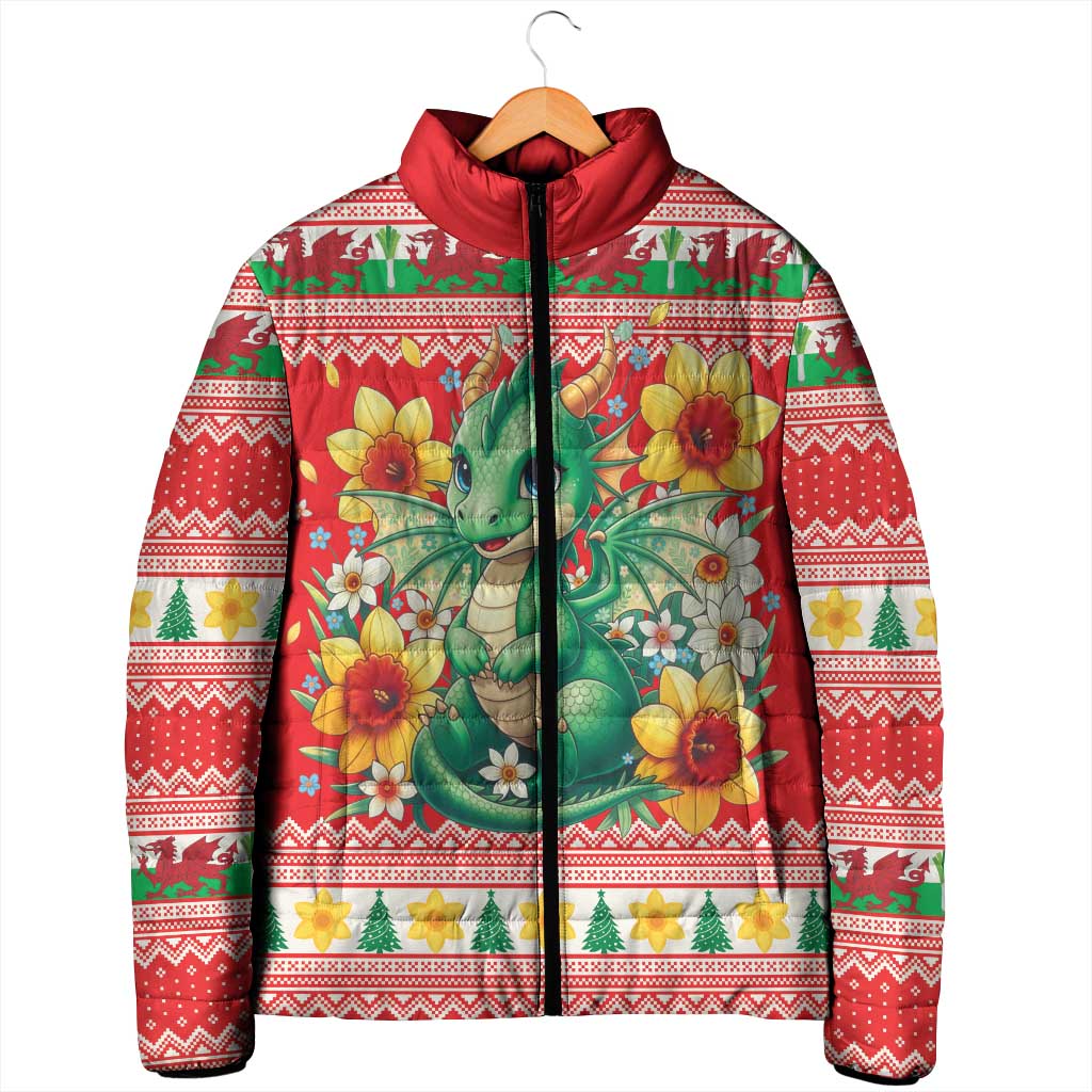 Wales Christmas Padded Jacket Cute Green Welsh Dragon and Daffodils - Wonder Print Shop