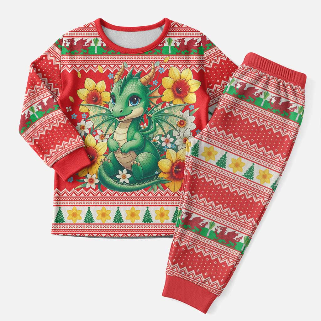 Wales Christmas Pajama Set Cute Green Welsh Dragon and Daffodils - Wonder Print Shop
