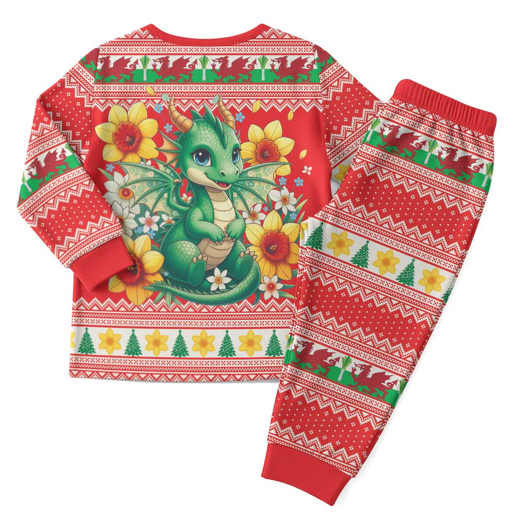 Wales Christmas Pajama Set Cute Green Welsh Dragon and Daffodils - Wonder Print Shop