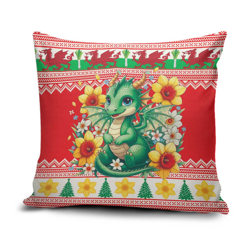 Wales Christmas Pillow Cover Cute Green Welsh Dragon and Daffodils - Wonder Print Shop