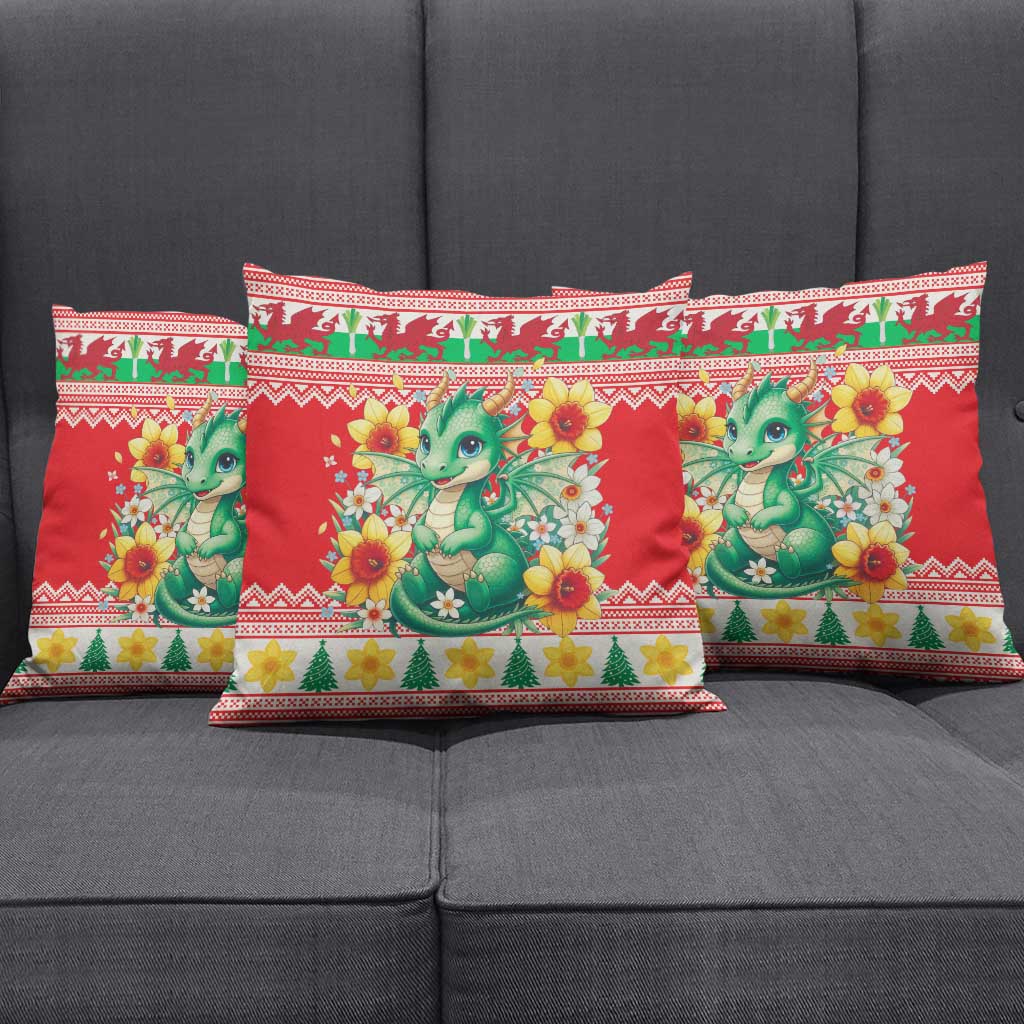 Wales Christmas Pillow Cover Cute Green Welsh Dragon and Daffodils - Wonder Print Shop